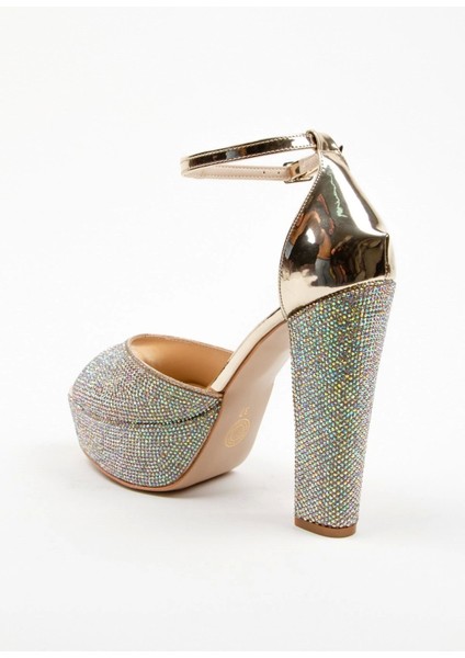 Kadın Moda Şık Gold Ayna Full Taş Yüksek Topuk Düğün Nişan Gece Abiye Ayakkabısı modelleri