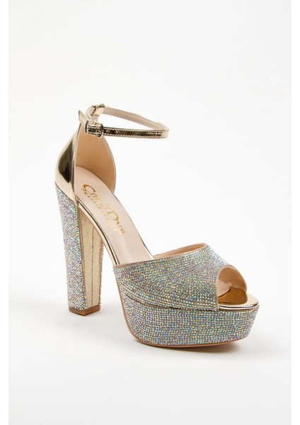 Kadın Moda Şık Gold Ayna Full Taş Yüksek Topuk Düğün Nişan Gece Abiye Ayakkabısı fırsatları