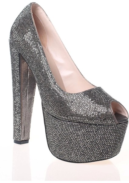 Kadın Gümüş Full Taş Yüksek Topuk Abiye Ayakkabı Kadın Topuklu Şık Gece Ayakkabısı
