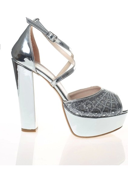 Kadın Moda Şık Gümüş Topuklu Zarif Tasarım Yüksek Topuk Düğün Nişan Gece Abiye Ayakkabısı fırsatları