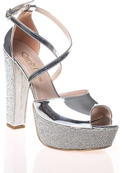 Kadın Moda Şık Gümüş Ayna Ökçe Poli Taş Topuklu Zarif Tasarım Düğün Nişan Gece Abiye Ayakkabısı fiyatları