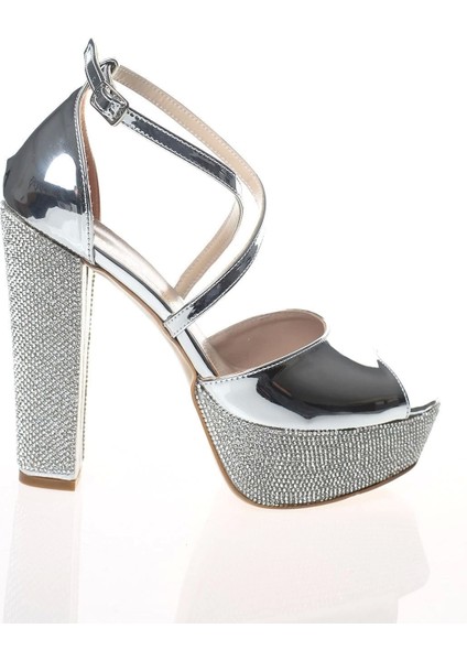 Kadın Moda Şık Gümüş Ayna Ökçe Poli Taş Topuklu Zarif Tasarım Düğün Nişan Gece Abiye Ayakkabısı fırsatları