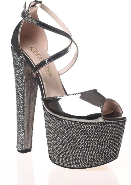 Kadın Gold Ayna Ökçe Poli Taş Yüksek Topuk Abiye Ayakkabı Kadın Topuklu Şık Gece Ayakkabısı