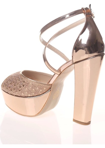 Kadın Moda Şık Gold Ayna Yüz Kristal Lazer Topuklu Düğün Nişan Gece Abiye Ayakkabısı modelleri