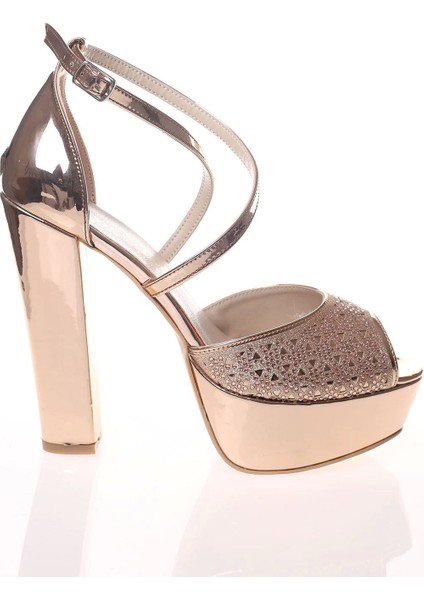 Kadın Moda Şık Gold Ayna Yüz Kristal Lazer Topuklu Düğün Nişan Gece Abiye Ayakkabısı fırsatları