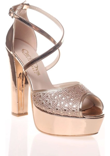Kadın Moda Şık Gold Ayna Yüz Kristal Lazer Topuklu Düğün Nişan Gece Abiye Ayakkabısı