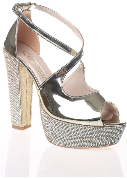 Kadın Moda Şık Gold Ayna Ökçe Poli Taş Topuklu Zarif Tasarım Düğün Nişan Gece Abiye Ayakkabısı fiyatları