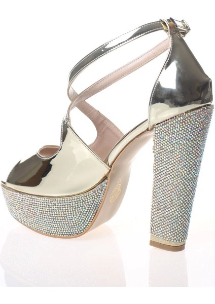 Kadın Moda Şık Gold Ayna Ökçe Poli Taş Topuklu Zarif Tasarım Düğün Nişan Gece Abiye Ayakkabısı modelleri