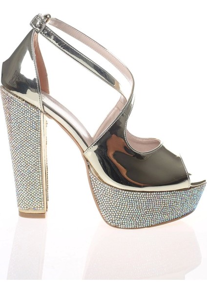 Kadın Moda Şık Gold Ayna Ökçe Poli Taş Topuklu Zarif Tasarım Düğün Nişan Gece Abiye Ayakkabısı fırsatları