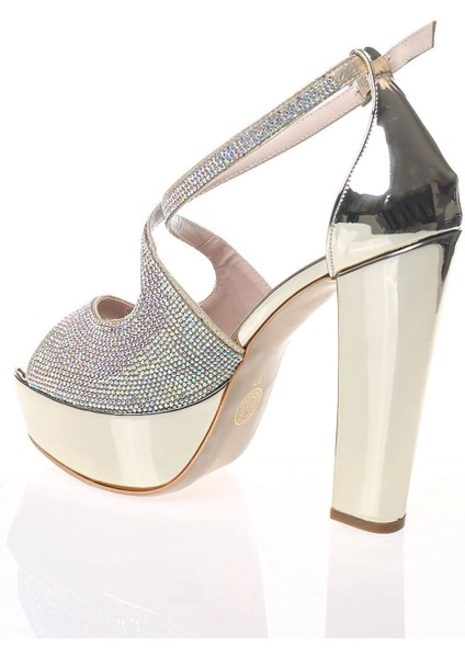 Kadın Moda Şık Gold Ayna Yüz Taş Topuklu Zarif Tasarım Düğün Nişan Gece Abiye Ayakkabısı modelleri