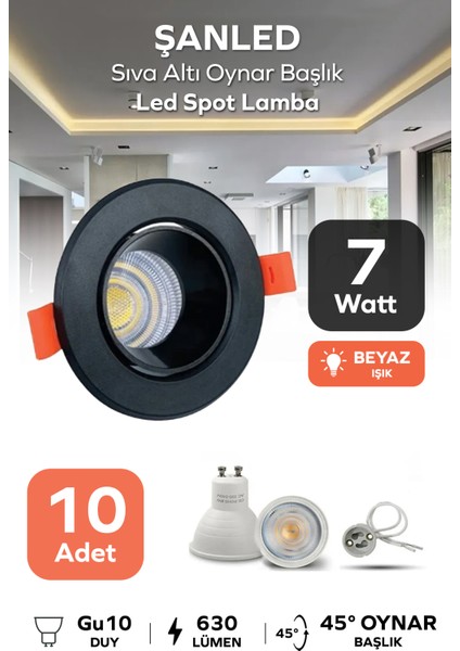 7W Sıva Altı Oynar Başlık GU10 Siyah Kasa Beyaz Işık LED Spot Lamba-10 Adet