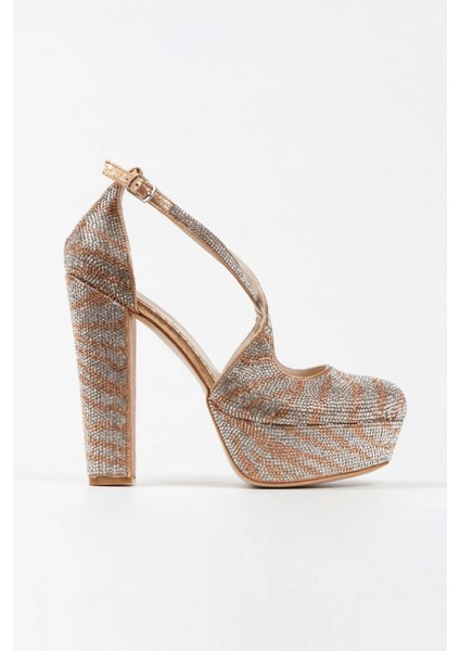 Kadın Moda Sultan Çift Renk Taşlı Çapraz Klasik Topuklu Platformlu Düğün Nişan Gece Abiye Ayakkabısı fırsatları