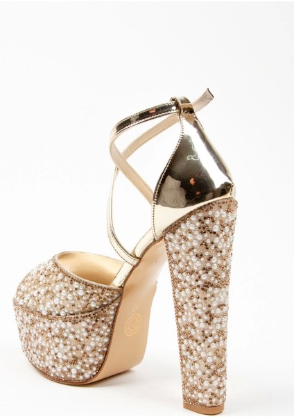 Kadın Moda Şık Gold Ayna Full Inci Düğün Nişan Gece Abiye Ayakkabısı modelleri