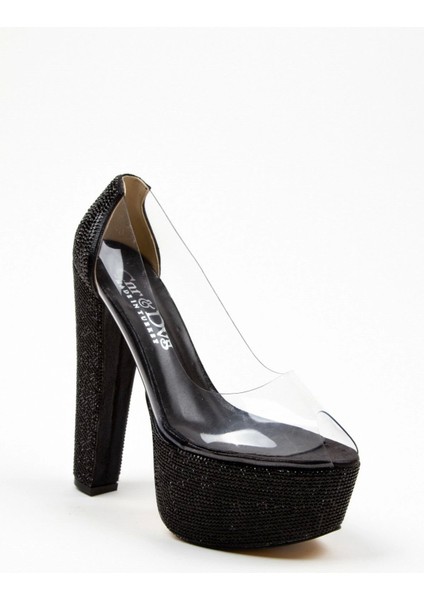 Kadın Moda Şık Siyah Şeffaf Ökçe Poli Taş Düğün Nişan Gece Abiye Ayakkabısı fiyatları