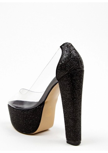 Kadın Moda Şık Siyah Şeffaf Ökçe Poli Taş Düğün Nişan Gece Abiye Ayakkabısı modelleri