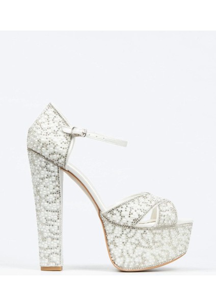Kadın Moda Şık Sultan Inci Taşlı Çapraz Klasik Topuklu Platformlu Düğün Nişan Gece Abiye Ayakkabısı fırsatları