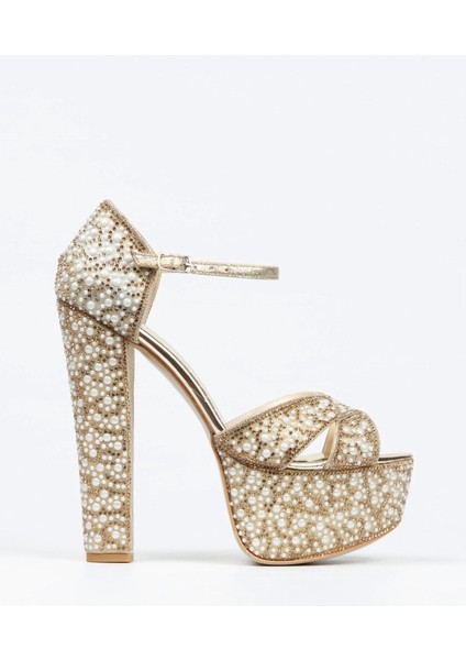 Kadın Moda Şık Sultan Inci Taşlı Çapraz Klasik Topuklu Platformlu Düğün Nişan Gece Abiye Ayakkabısı fırsatları