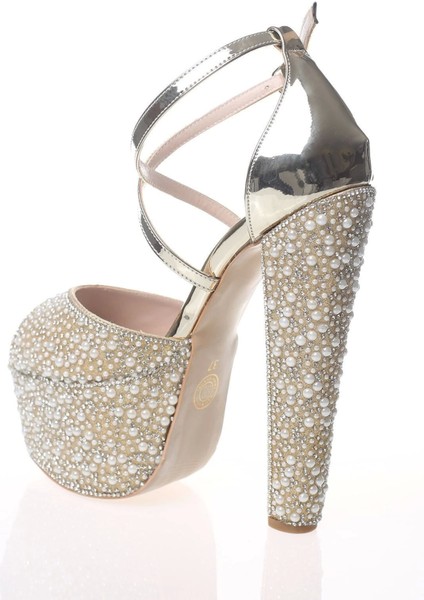 Kadın Moda Şık Gold Ayna Full Inci Taş Topuklu Düğün Nişan Gece Abiye Ayakkabısı modelleri