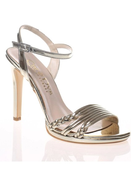 Kadın Gold Ayna Çift Örgülü Tek Bant Abiye Ayakkabı Kadın Topuklu Şık Gece Ayakkabısı