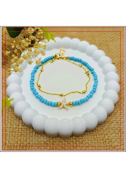 Mavi Boncuk & Beyaz Deniz Yıldızı Kadın Halhal