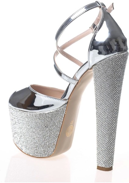 Kadın Moda Şık Gold Ayna Ökçe Poli Taş Yüksek Topuk Topuklu Düğün Nişan Gece Abiye Ayakkabısı modelleri