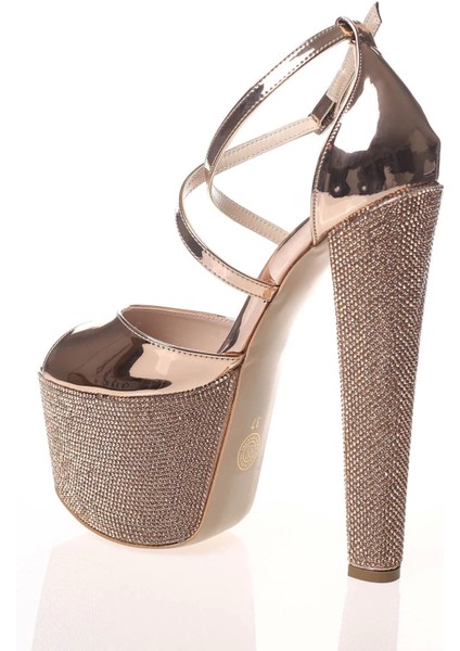 Kadın Moda Şık Gold Ayna Ökçe Poli Taş Yüksek Topuk Topuklu Düğün Nişan Gece Abiye Ayakkabısı modelleri