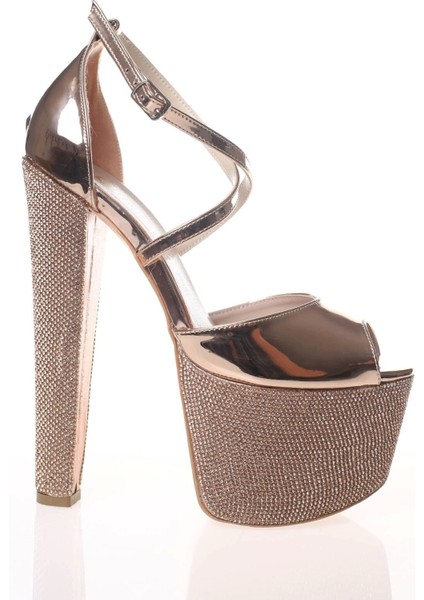 Kadın Moda Şık Gold Ayna Ökçe Poli Taş Yüksek Topuk Topuklu Düğün Nişan Gece Abiye Ayakkabısı fırsatları