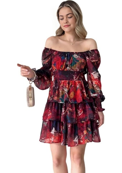 Kare Yaka Gipeli Kat Kat Kısa Şifon Elbise fırsatları