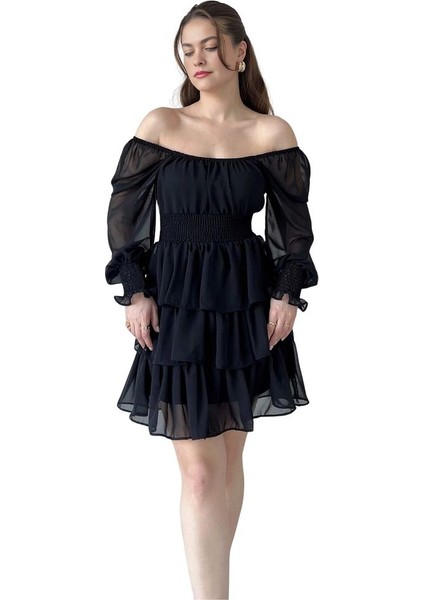 Kare Yaka Gipeli Kat Kat Kısa Şifon Elbise modelleri