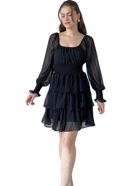 Kare Yaka Gipeli Kat Kat Kısa Şifon Elbise fırsatları