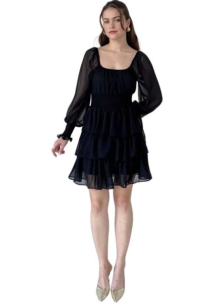 Kare Yaka Gipeli Kat Kat Kısa Şifon Elbise indirimleri