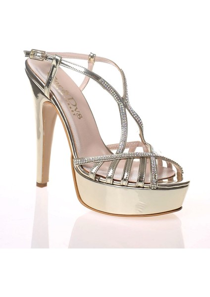 Kadın Gold Ayna Dekolte Taşlı Abiye Ayakkabı Kadın Topuklu Şık Gece Ayakkabısı Zarif Tasarım