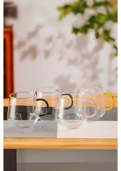 4'lü Borosılıkat Cam Kupa Kulplu Bardak | Ev Ofis Çay, Kahve, Meşrubat, Bardağı 400 ml