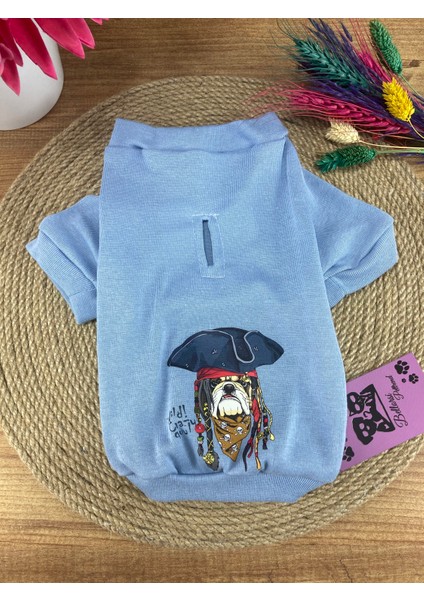Mavi Penye Korsan Baskılı Kedi Köpek T-Shirt