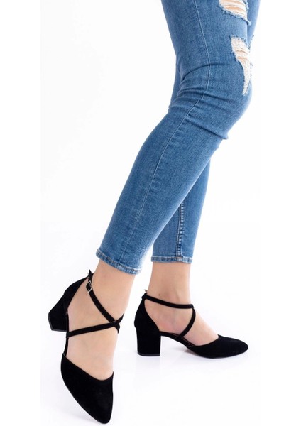 Kadın Moda Şık Siyah Süet Topuklu Klasik Ayakkabı Topuklu Düğün Nişan Gece Abiye Ayakkabısı