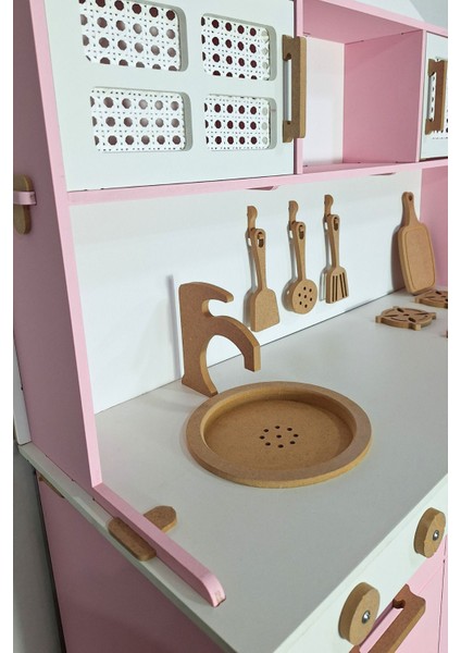 Pembe Ahşap Oyuncak Mutfak 12 Parça Servis Seti ve LED Hediyeli fırsatları