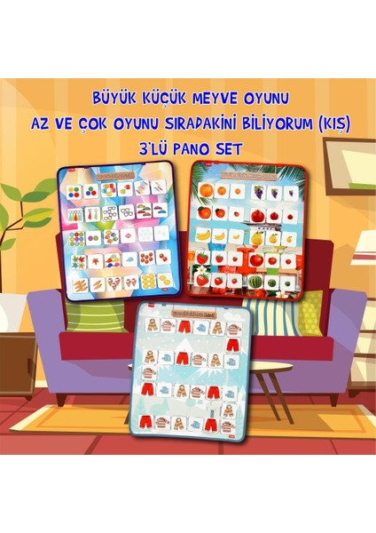 3 Set - 87 Parça Tox Az - Çok , Büyük - Küçük Meyve ve Sıradakini Biliyorum Oyunu Keçe Cırtlı Duvar Panoları , Eğitici Oyuncak