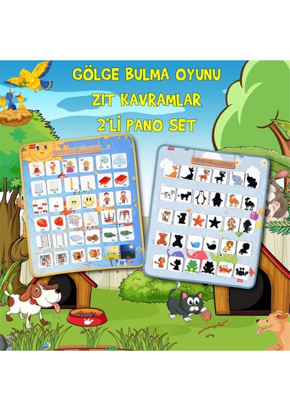 2 Set - 72 Parça Tox Zıt Kavramlar ve Gölge Eşleştirme Keçe Cırtlı Duvar Panoları , Eğitici Oyuncak