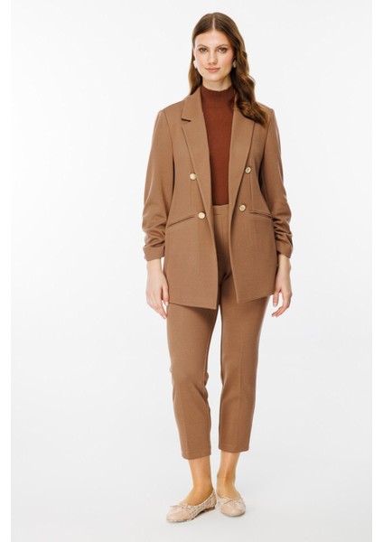 Kolu Büzgülü Çizgi Cep Ceket Kakao 01187 Kakao