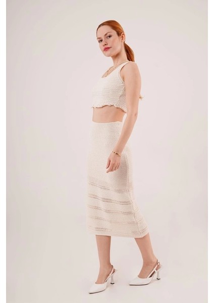 Örme Detaylı Etek ve Bluz Krem Takım modelleri