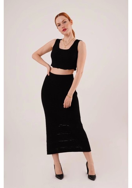 Örme Detaylı Etek ve Bluz Siyah Takım