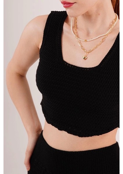 Örme Detaylı Etek ve Bluz Siyah Takım modelleri