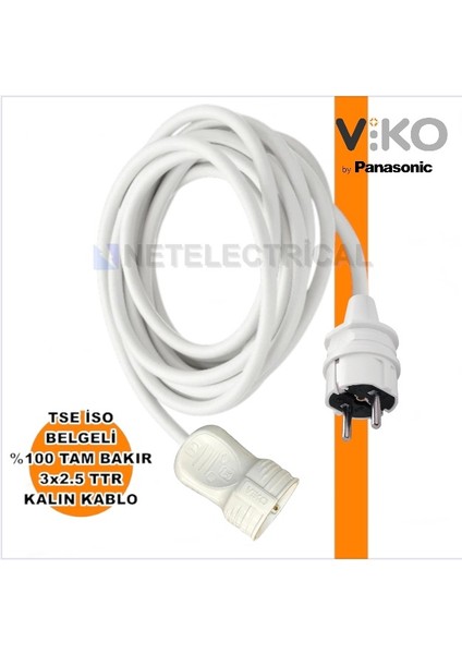 Tekli Seyyar Uzatma Kablosu - 10 Metre 3x2.5 Ttr Kalın Beyaz Kablo | Düz Erkek Fiş
