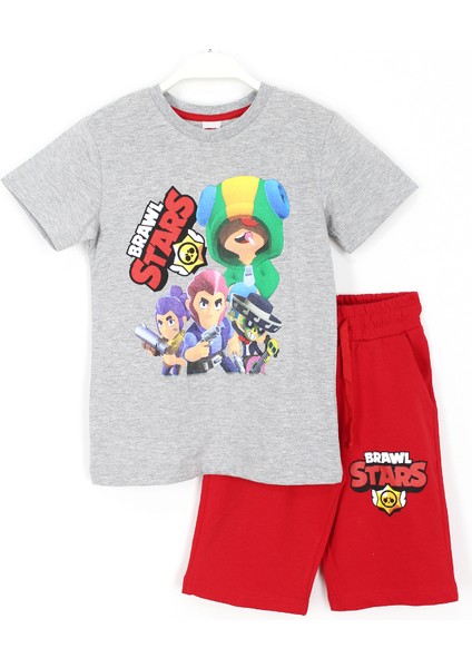 Leon Colt Poco Shelly Baskılı Erkek Çocuk Kapri T-Shirt 2'li Takım Gri Kırmızı