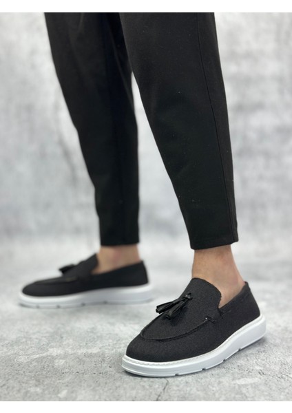 Bağcıksız Keten Püsküllü Erkek Klasik Ayakkabı Siyah (Beyaz Taban) fiyatları