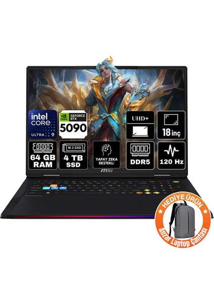 Msı Raıder 18 Hx Aı Intel Core Ultra 9 285HX 64GB 4tb SSD RTX5090/24GB Windows 11 Pro 18" 120Hz Taşınabilir Bilgisayar A2XWJG-215TR-A24