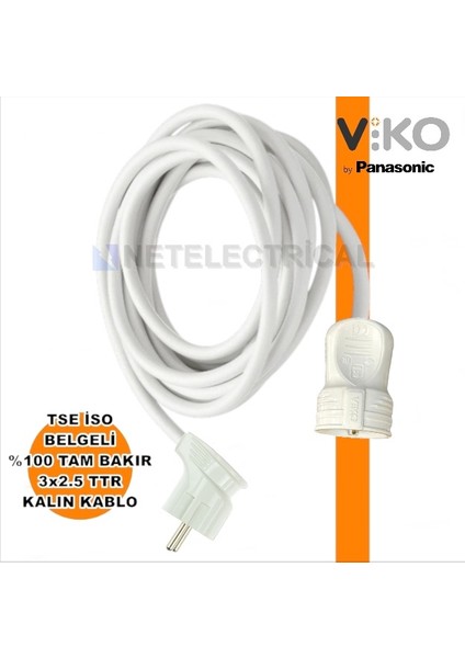 Tekli Seyyar Uzatma Kablosu - 1 Metre 3x2.5 Ttr Kalın Beyaz Kablo | Yan Erkek Fiş