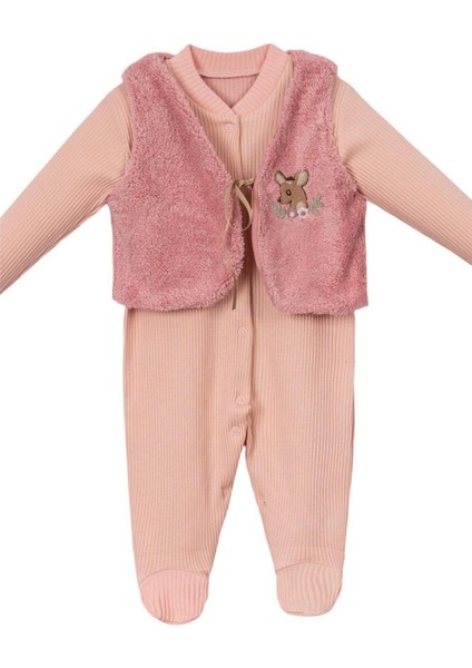 Kız Bebek Geyik Nakışlı Kürk Yelekli Tulum Pembe
