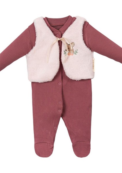 Kız Bebek Geyik Nakışlı Kürk Yelekli Tulum Fuşya