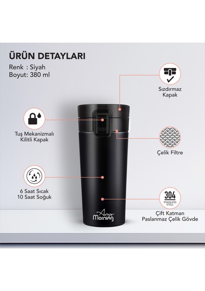 BA21522 Paslanmaz Çelik Termos Mug 380 ml Siyah, Sızdırmaz Kapak, Tuş Mekanizmalı Kilit, Çift Duvarlı Yalıtım indirimleri